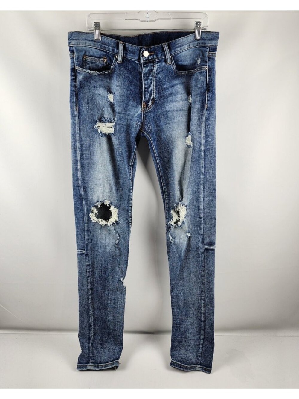 mnml Jeans Men 33x34 Blue Slim Fit Ankle Zips Button Fly Distress Denim Patches